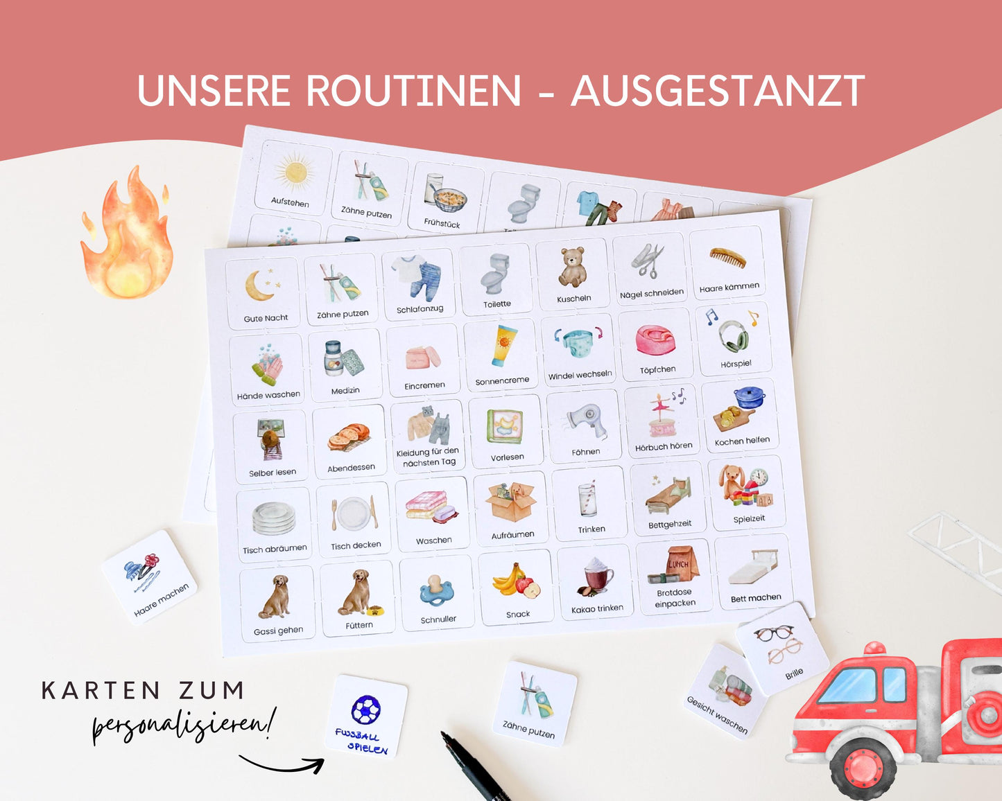 Routineplaner Montessori inkl. Symbolkarten - Design FEUERWEHR - Personalisierbar