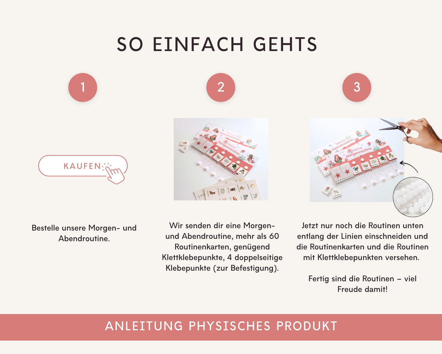 Routineplaner Montessori inkl. Symbolkarten - Design MEERJUNGFRAU ROT - Personalisierbar