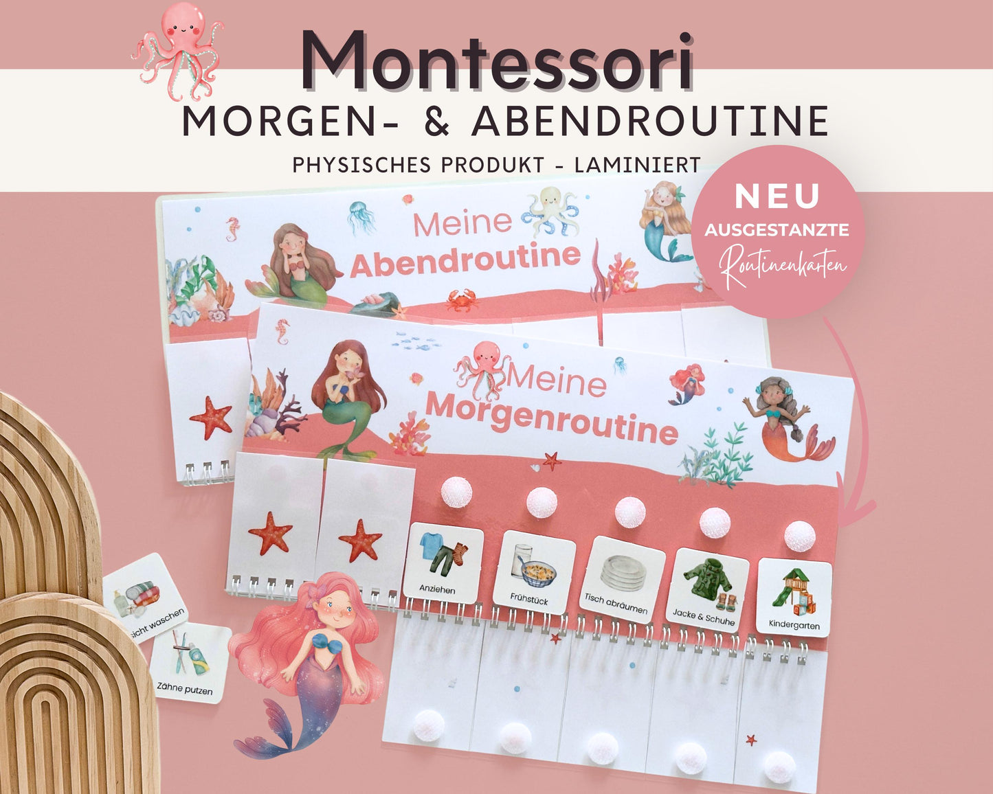 Routineplaner Montessori inkl. Symbolkarten - Design MEERJUNGFRAU ROT - Personalisierbar