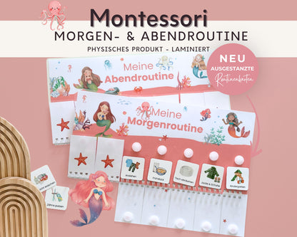 Routineplaner Montessori inkl. Symbolkarten - Design MEERJUNGFRAU ROT - Personalisierbar