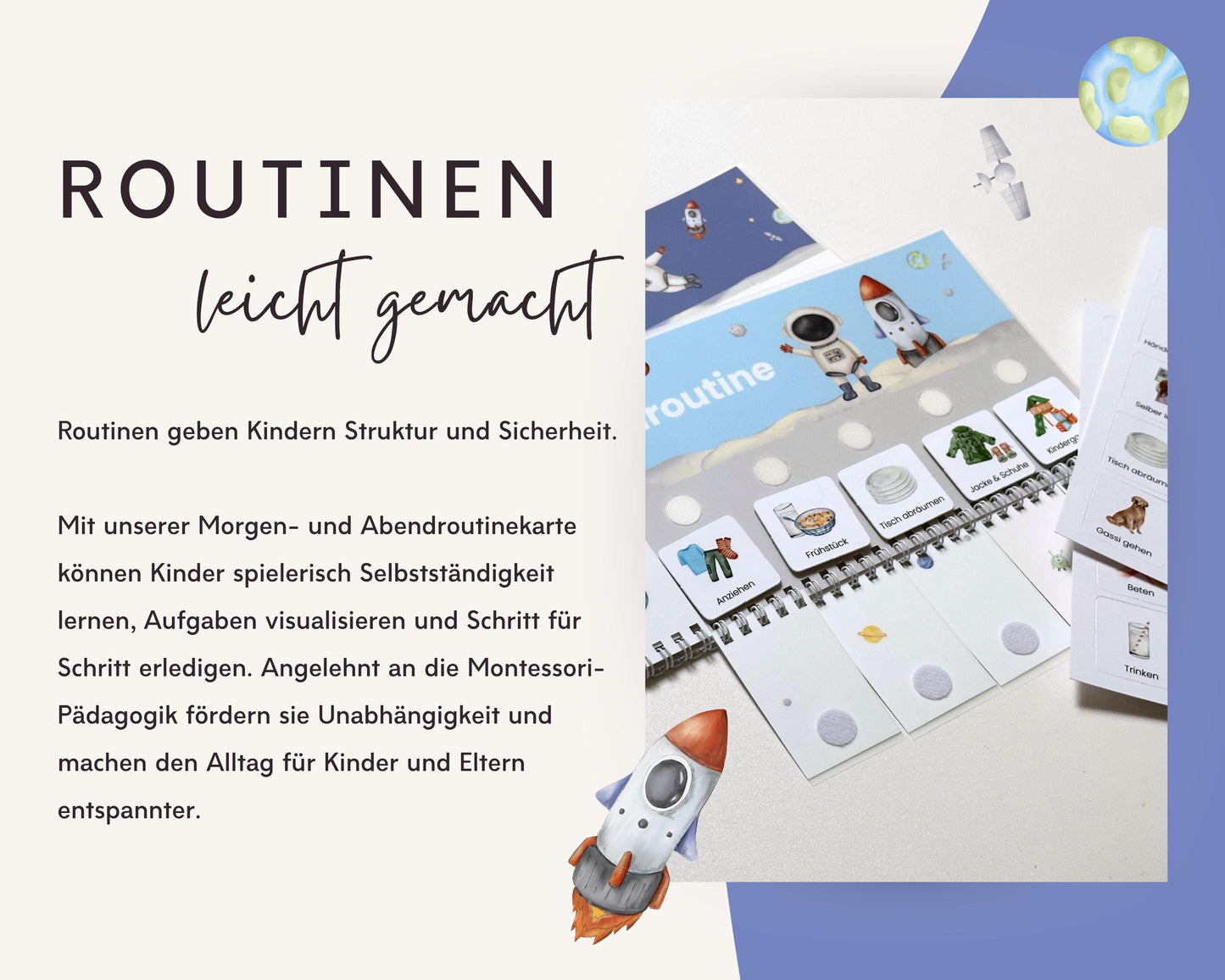 Routineplaner Montessori inkl. Symbolkarten - Design ASTRONAUT - Personalisierbar
