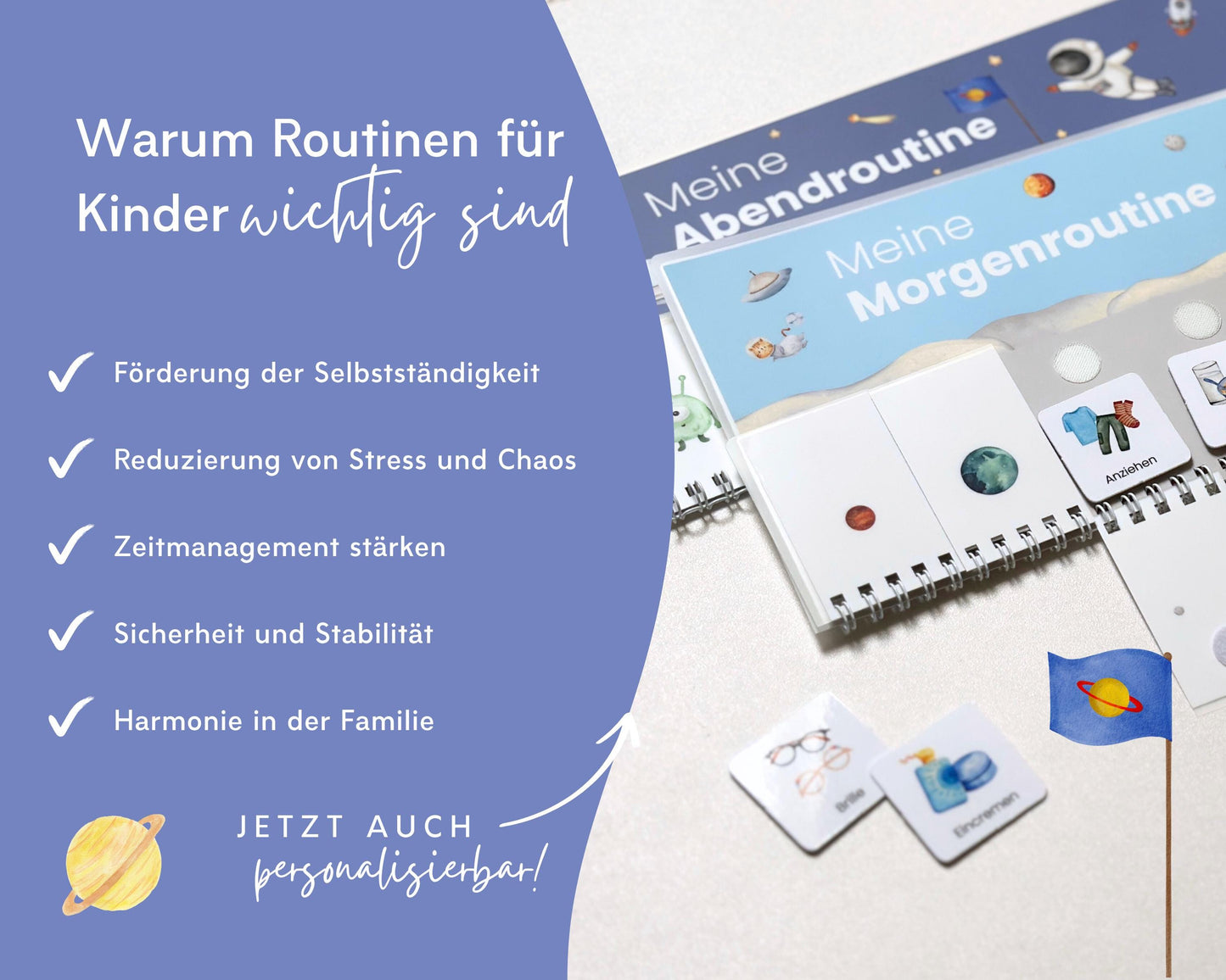 Routineplaner Montessori inkl. Symbolkarten - Design ASTRONAUT - Personalisierbar