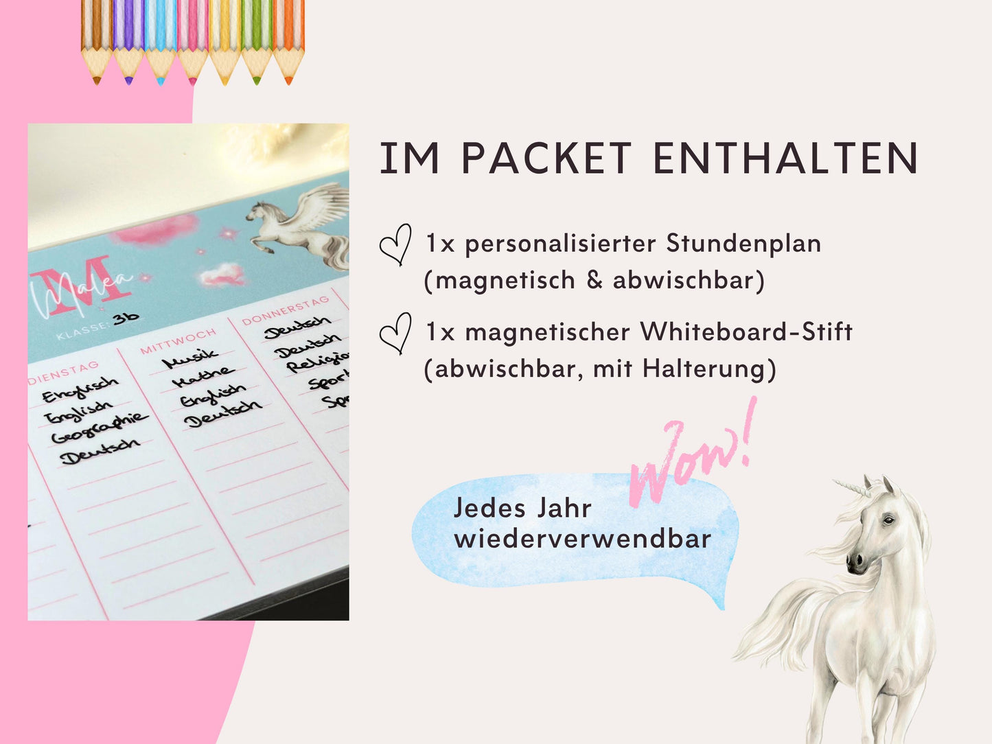 Stundenplan Magnet personalisierbar - Design EINHORN