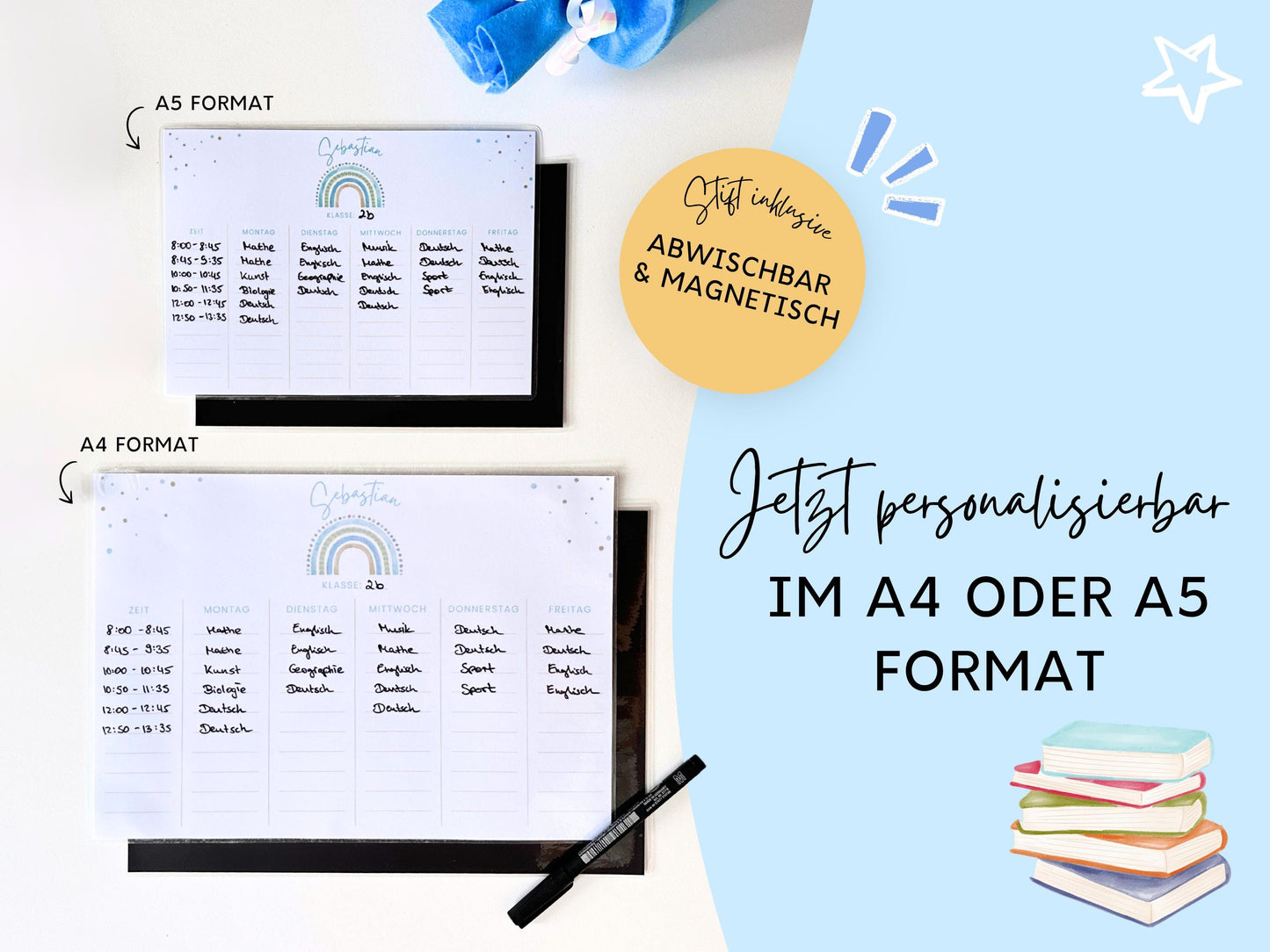 Stundenplan Magnet personalisierbar - Design REGENBOGEN BLAU