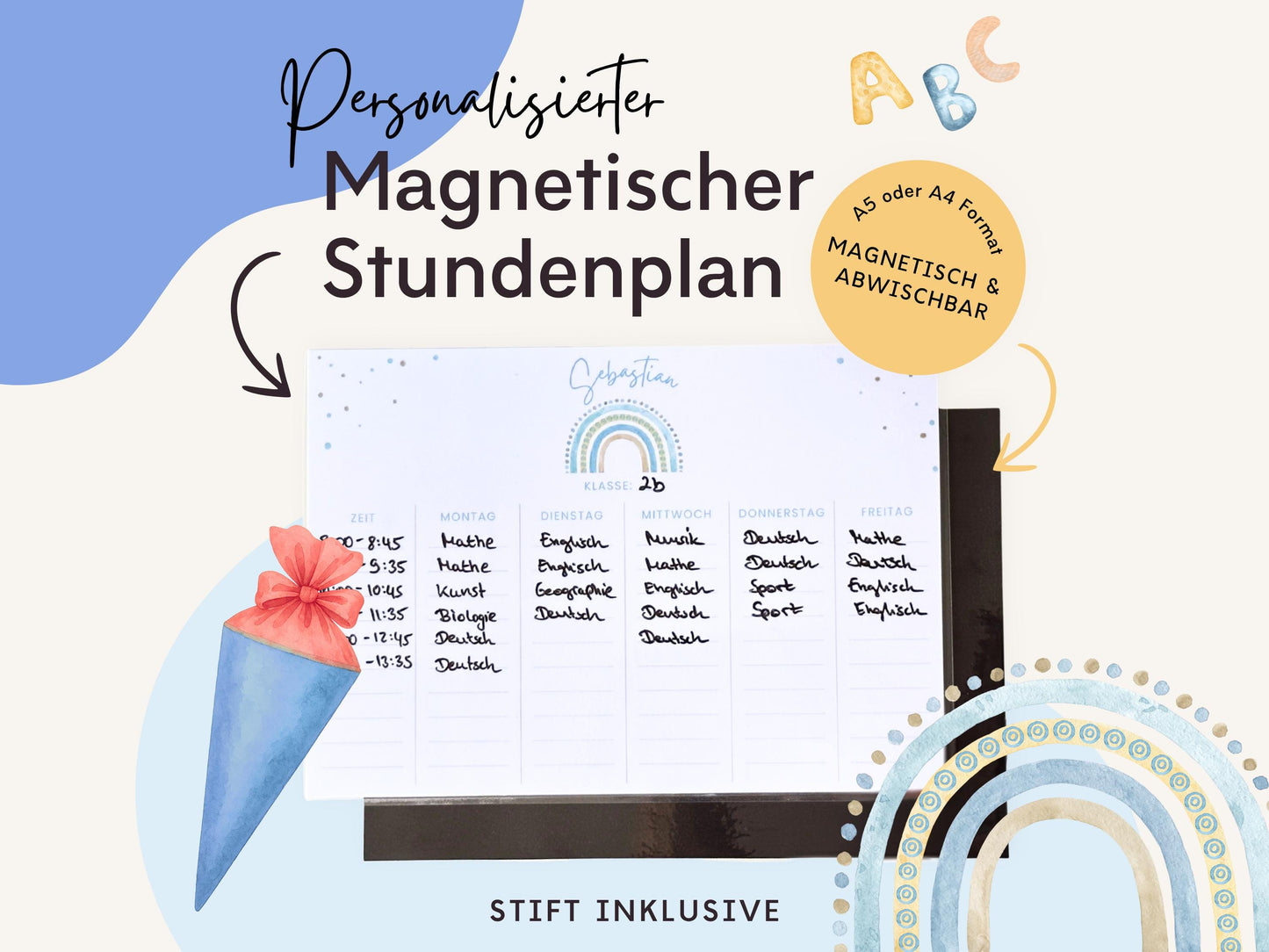 Stundenplan Magnet personalisierbar - Design REGENBOGEN BLAU