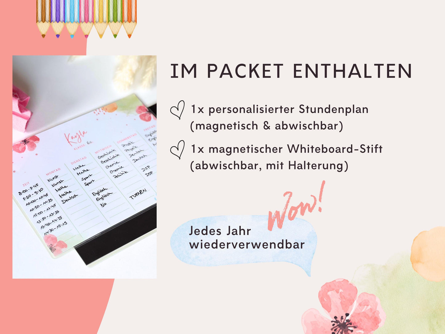 Stundenplan Magnet personalisierbar - Design BLUMEN AQUARELL