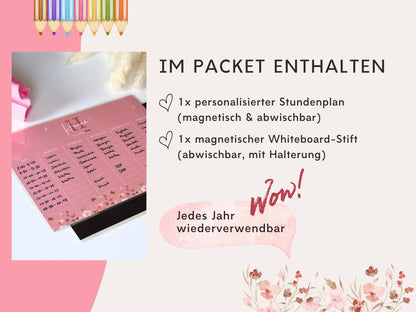 Stundenplan Magnet personalisierbar - Design BLUMEN PINK