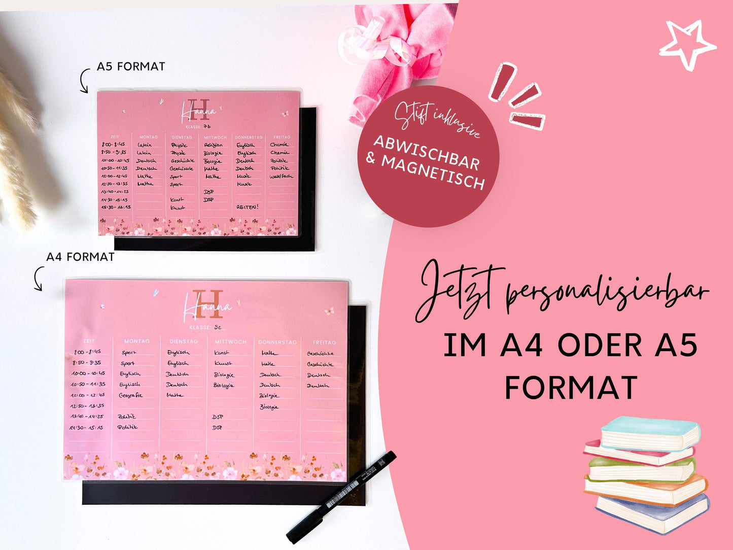 Stundenplan Magnet personalisierbar - Design BLUMEN PINK