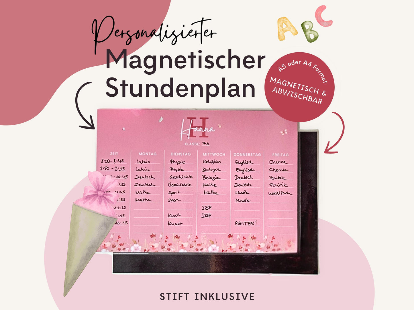 Stundenplan Magnet personalisierbar - Design BLUMEN PINK