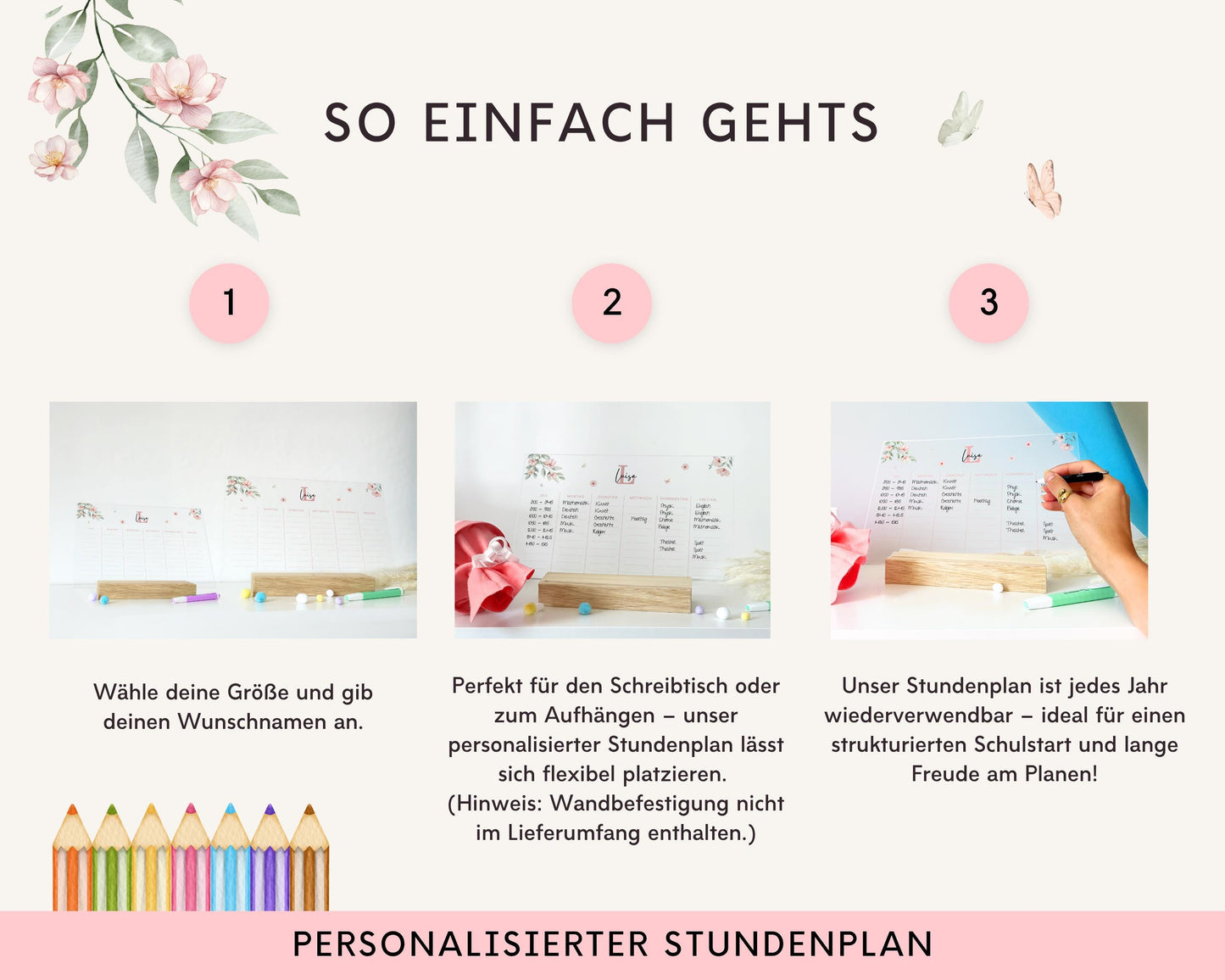 Stundenplan Acryl personalisierbar - Design BLUMEN ROSA