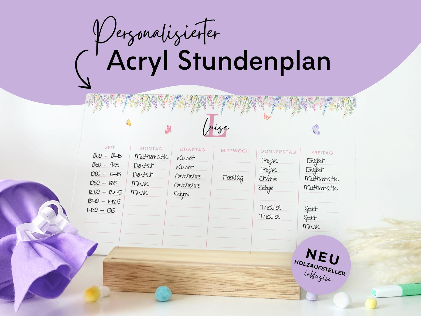 Stundenplan Acryl personalisierbar - Design BLUMEN LILA