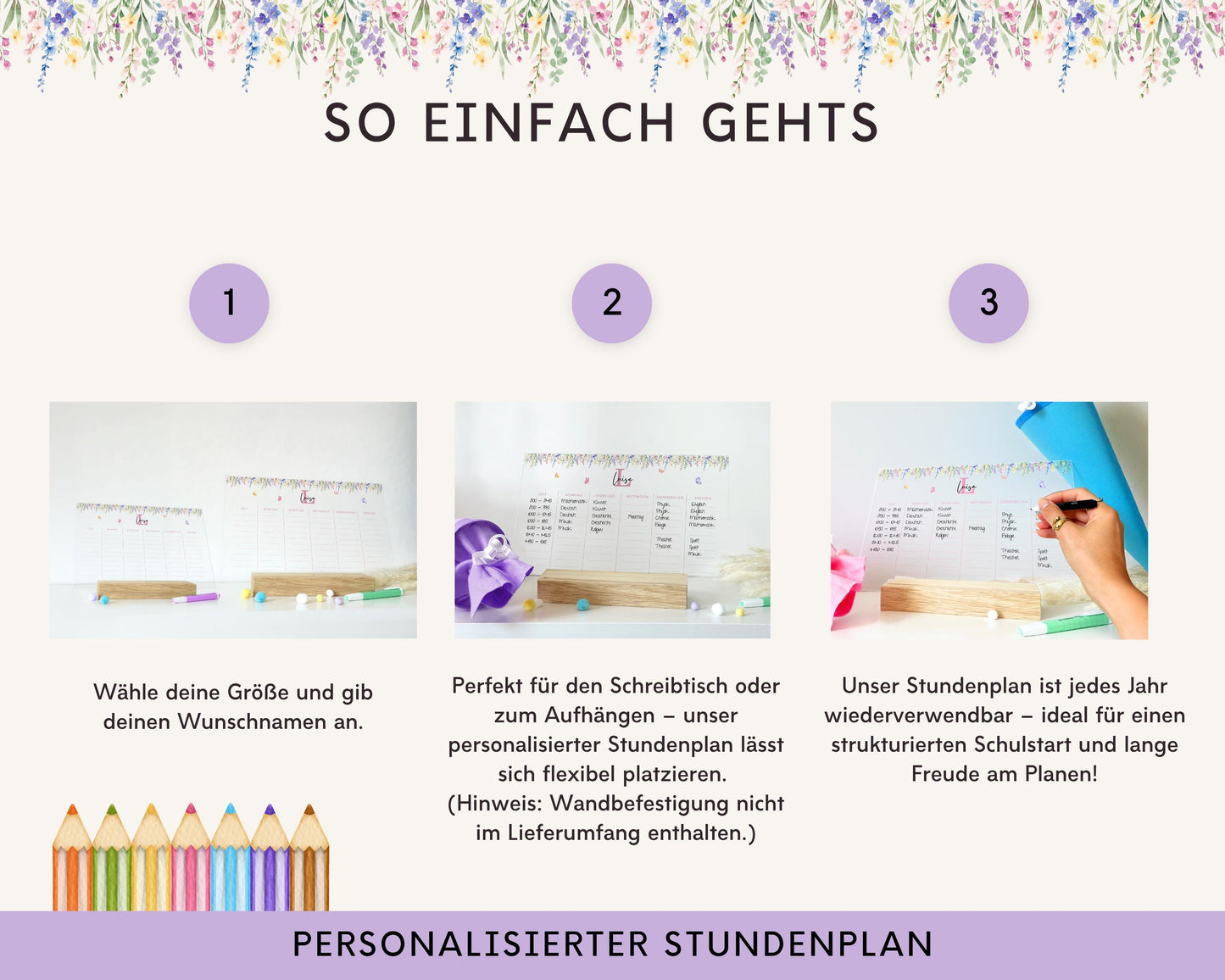 Stundenplan Acryl personalisierbar - Design BLUMEN LILA