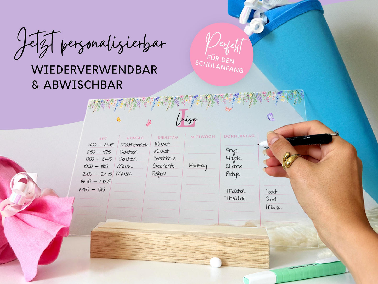 Stundenplan Acryl personalisierbar - Design BLUMEN LILA