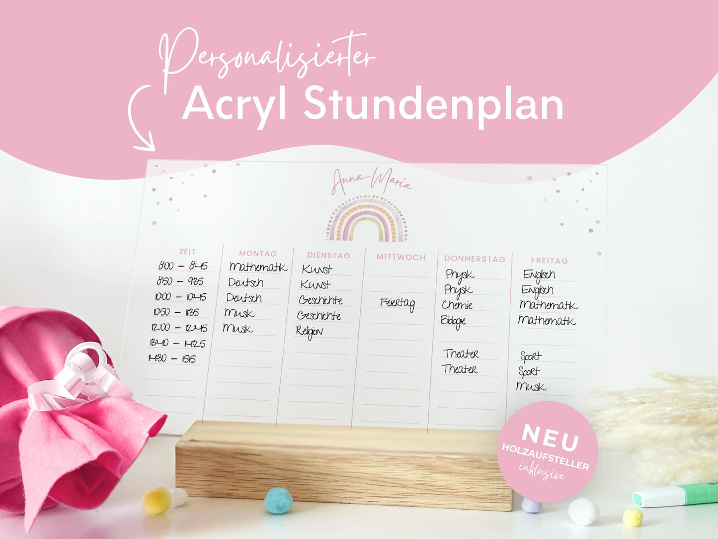 Stundenplan Acryl personalisierbar - Design REGENBOGEN ROSA