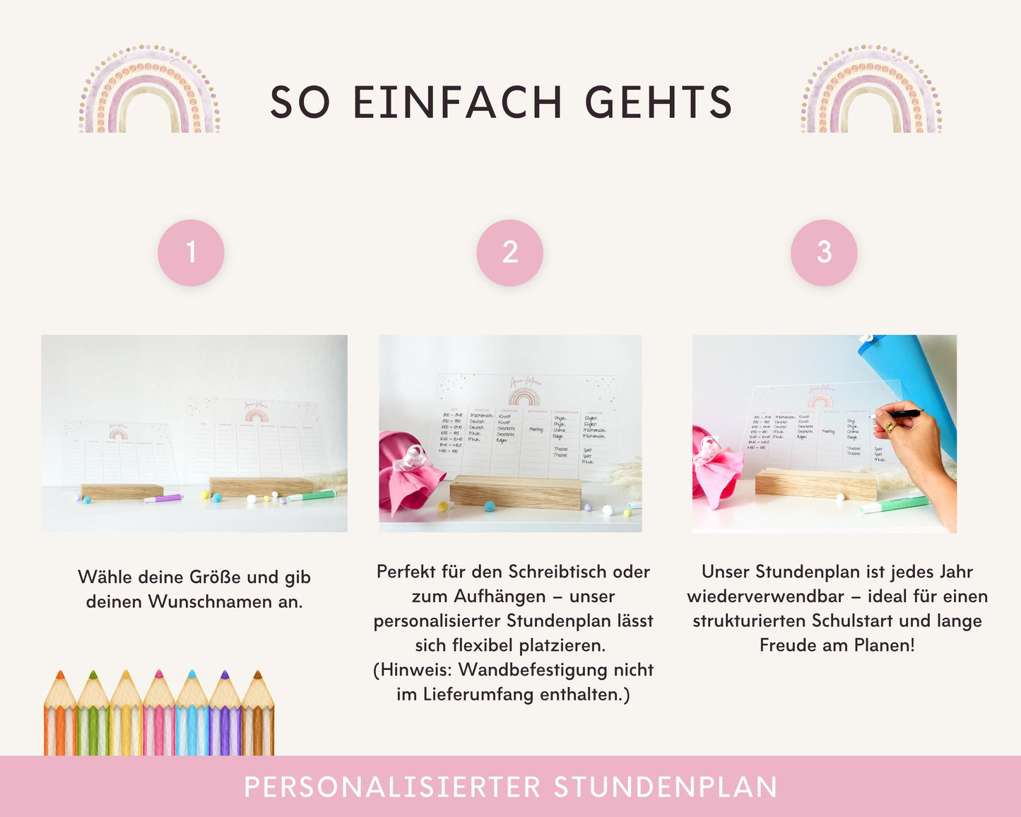 Stundenplan Acryl personalisierbar - Design REGENBOGEN ROSA