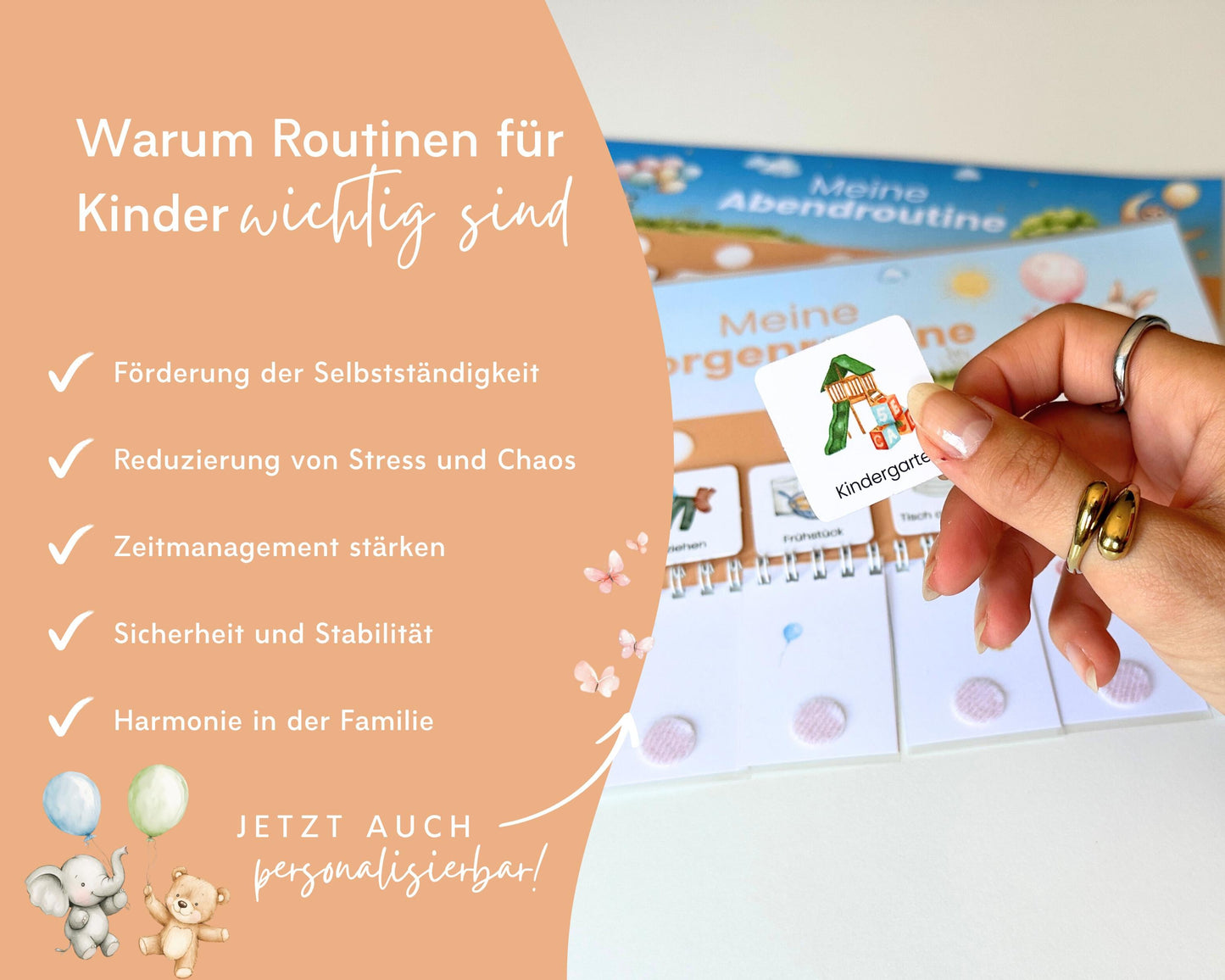 Routineplaner Montessori inkl. Symbolkarten - Design LUFTBALLON TIERE - Personalisierbar