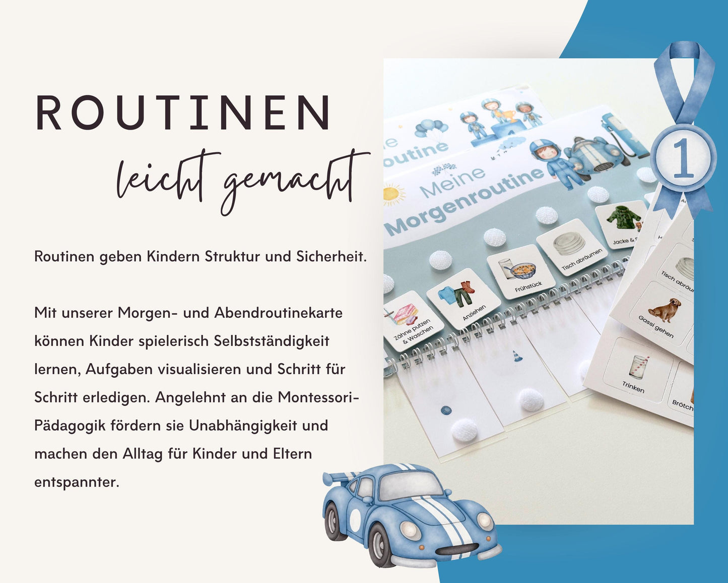 Routineplaner Montessori inkl. Symbolkarten - Design AUTOS - Personalisierbar