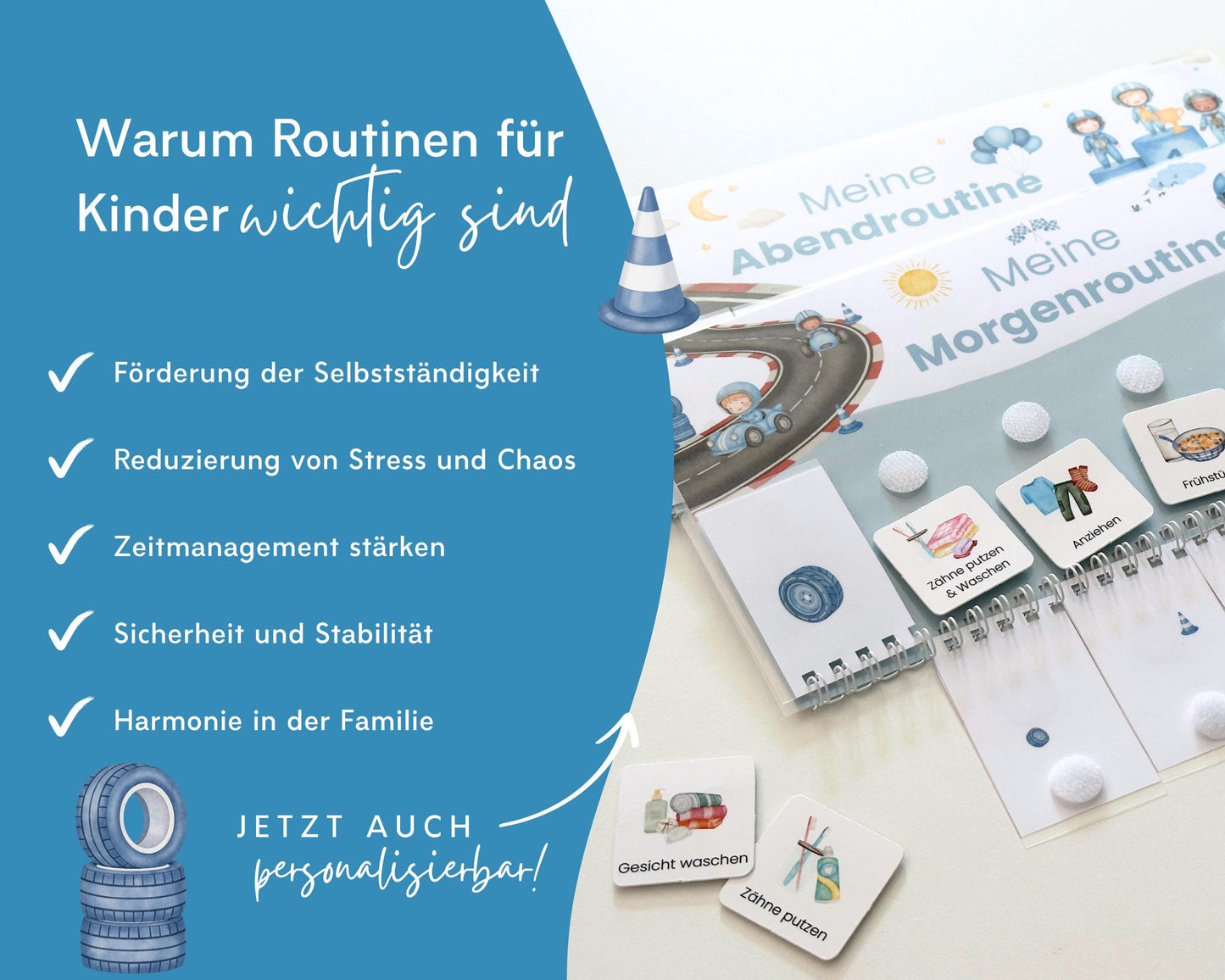 Routineplaner Montessori inkl. Symbolkarten - Design AUTOS - Personalisierbar