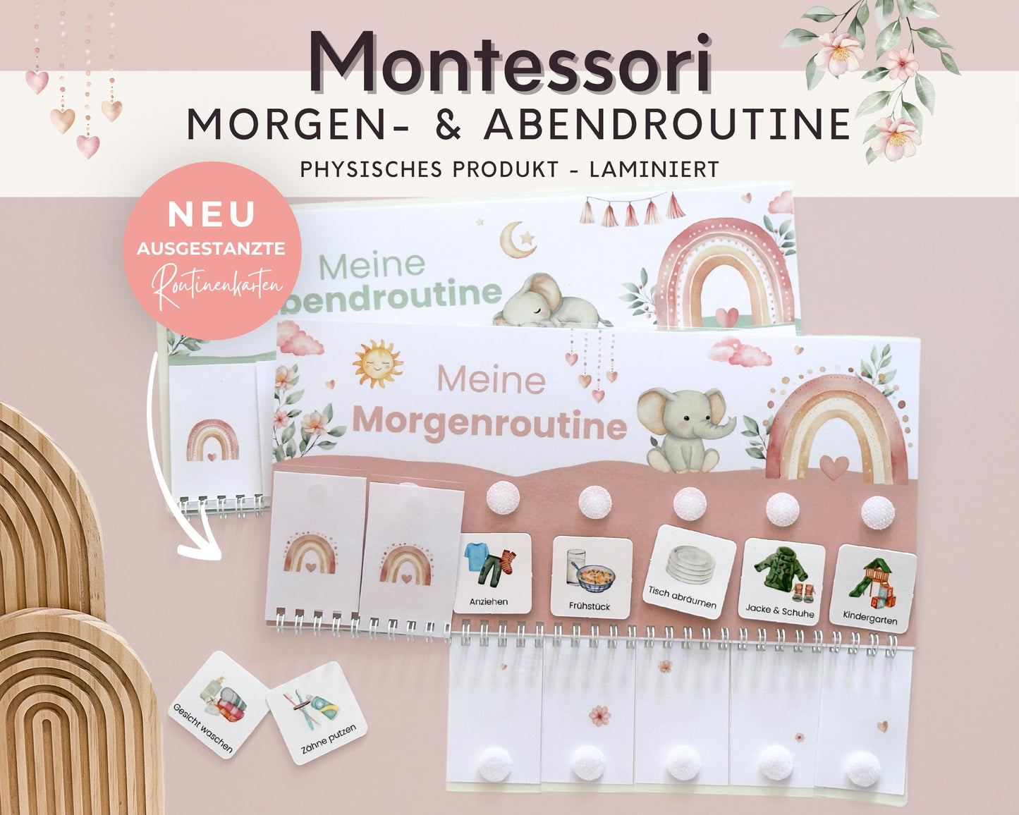 Routineplaner Montessori inkl. Symbolkarten - Design ROSA ELEFANT - Personalisierbar