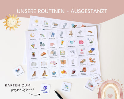 Routineplaner Montessori inkl. Symbolkarten - Design ROSA ELEFANT - Personalisierbar