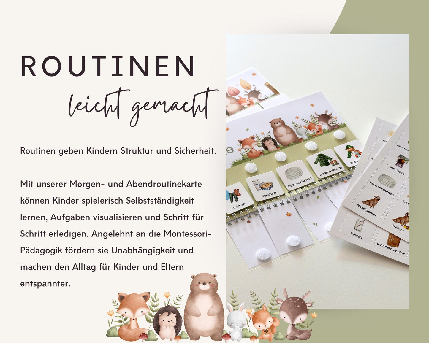 Routineplaner Montessori inkl. Symbolkarten - Design WALDTIERE - Personalisierbar