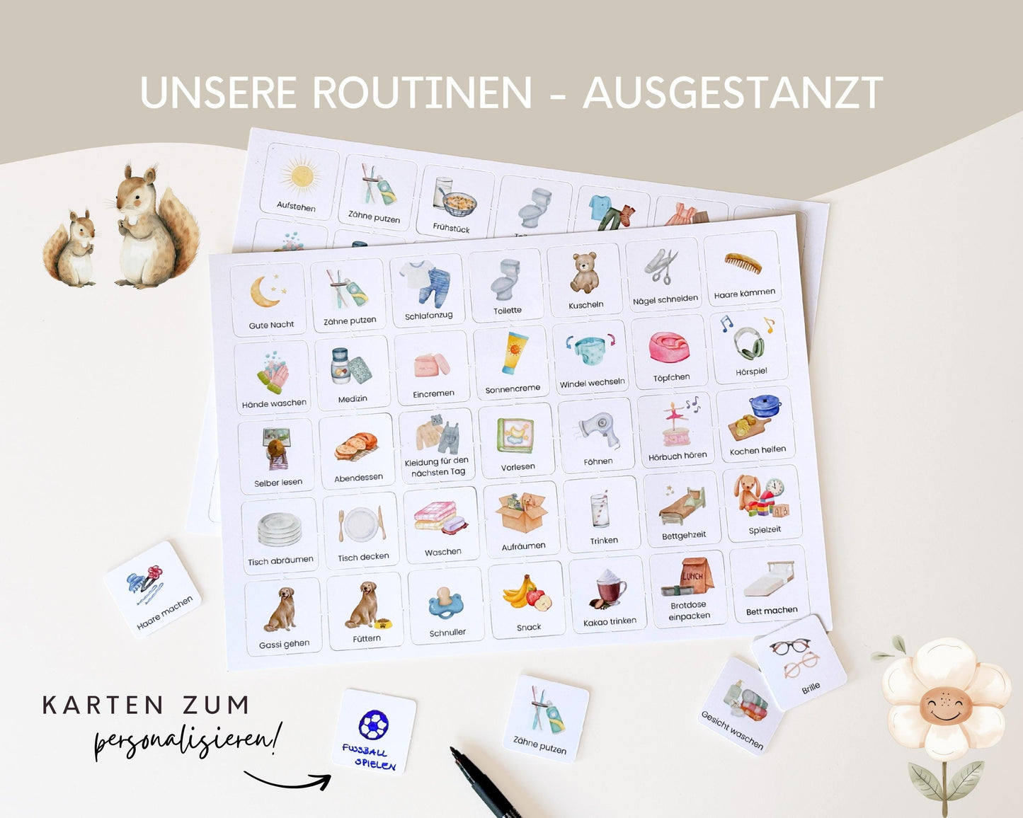 Routineplaner Montessori inkl. Symbolkarten - Design BOHO TIERE - Personalisierbar