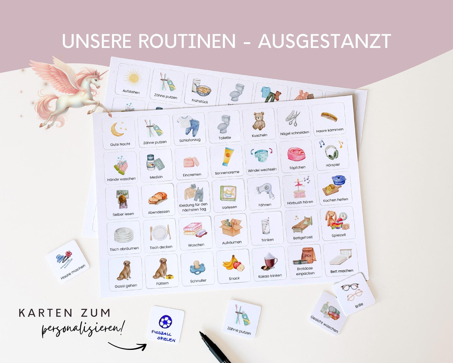 Routineplaner Montessori inkl. Symbolkarten - Design EINHORN - Personalisierbar