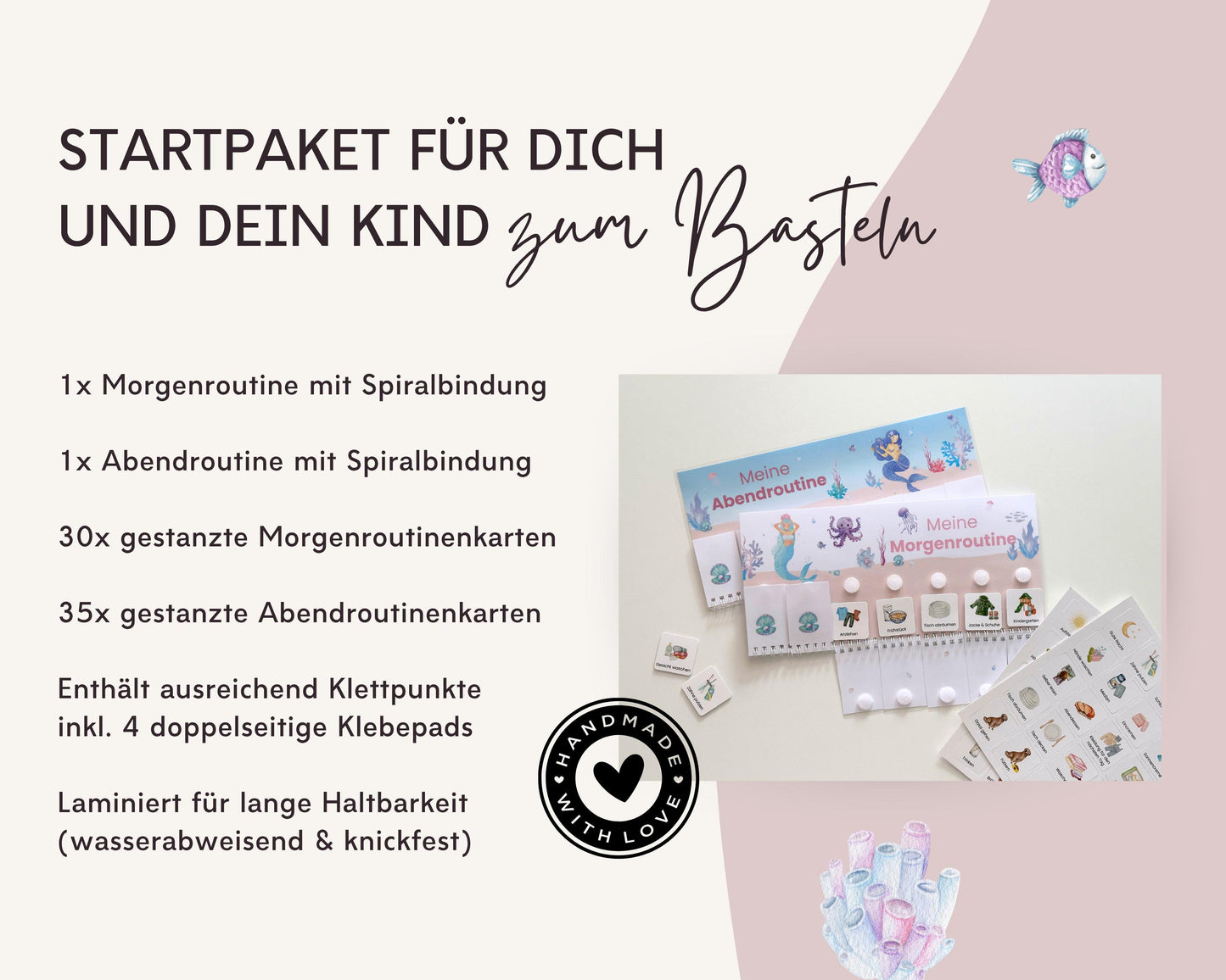Routineplaner Montessori inkl. Symbolkarten - Design MEERJUNGFRAU ROSA - Personalisierbar