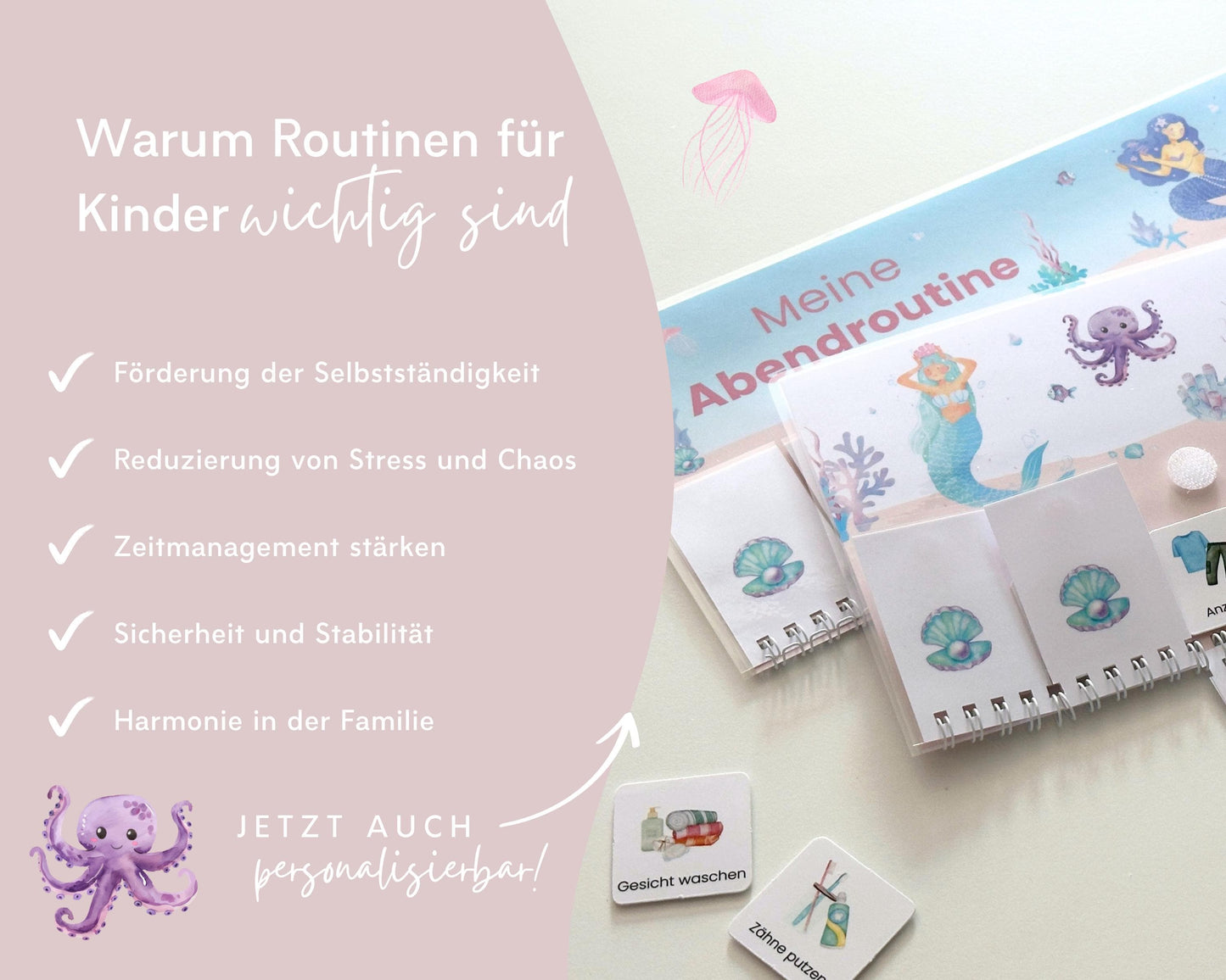 Routineplaner Montessori inkl. Symbolkarten - Design MEERJUNGFRAU ROSA - Personalisierbar