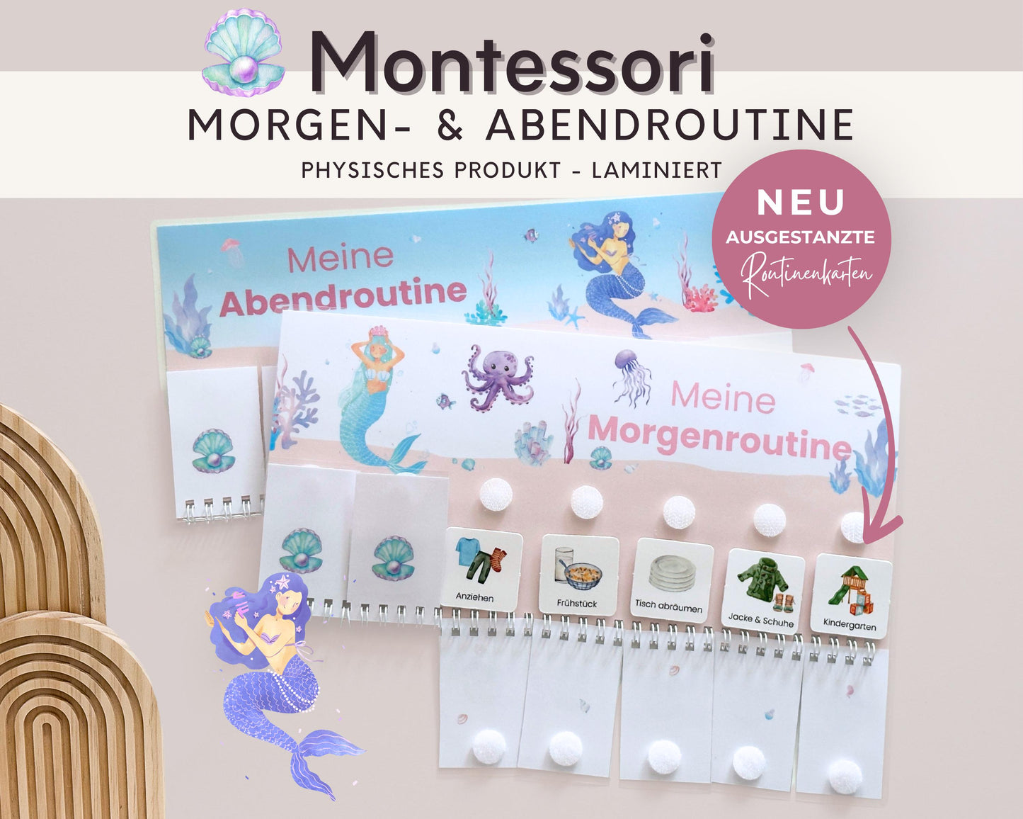 Routineplaner Montessori inkl. Symbolkarten - Design MEERJUNGFRAU ROSA - Personalisierbar
