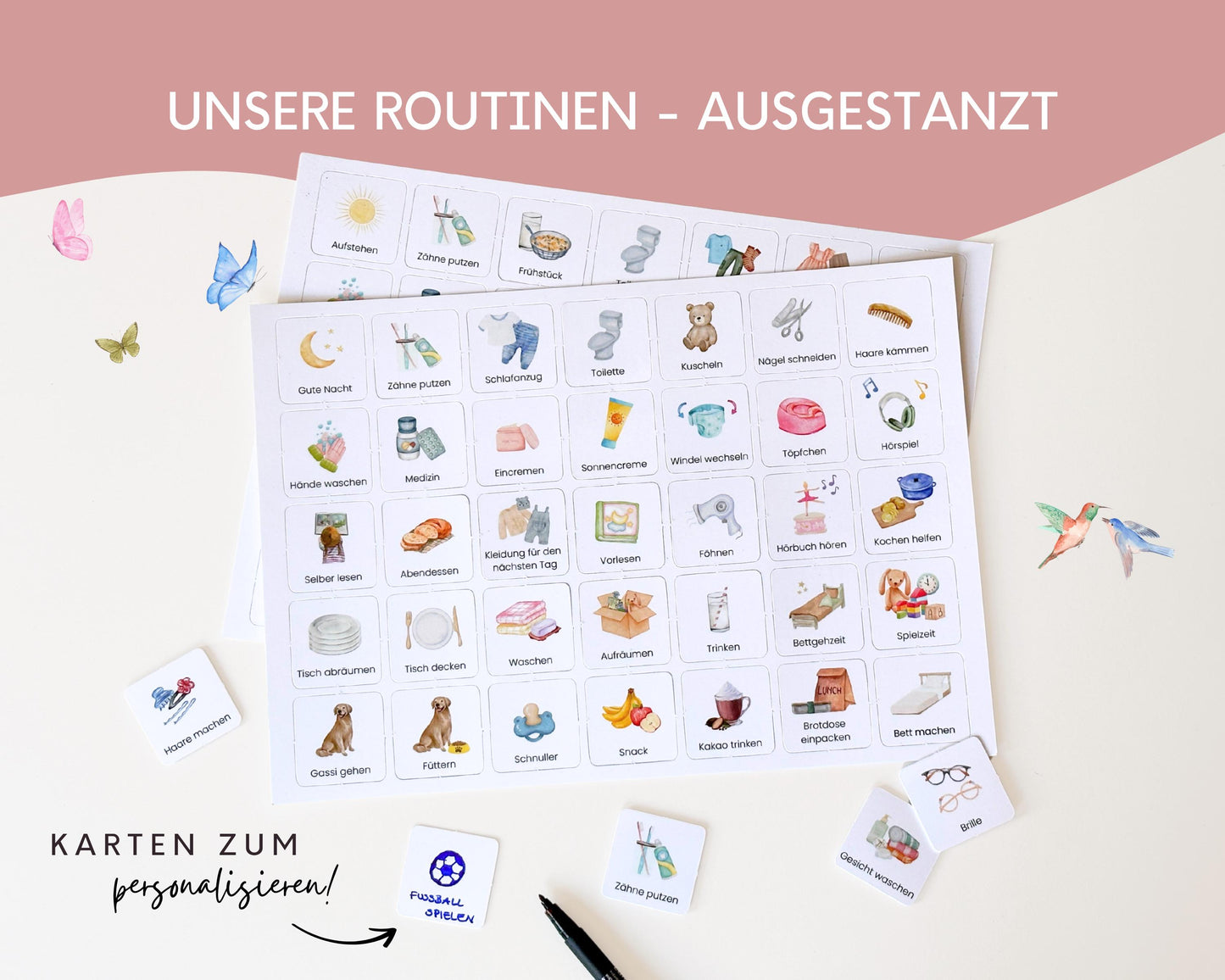 Routineplaner Montessori inkl. Symbolkarten - Design PRINZESSIN - Personalisierbar
