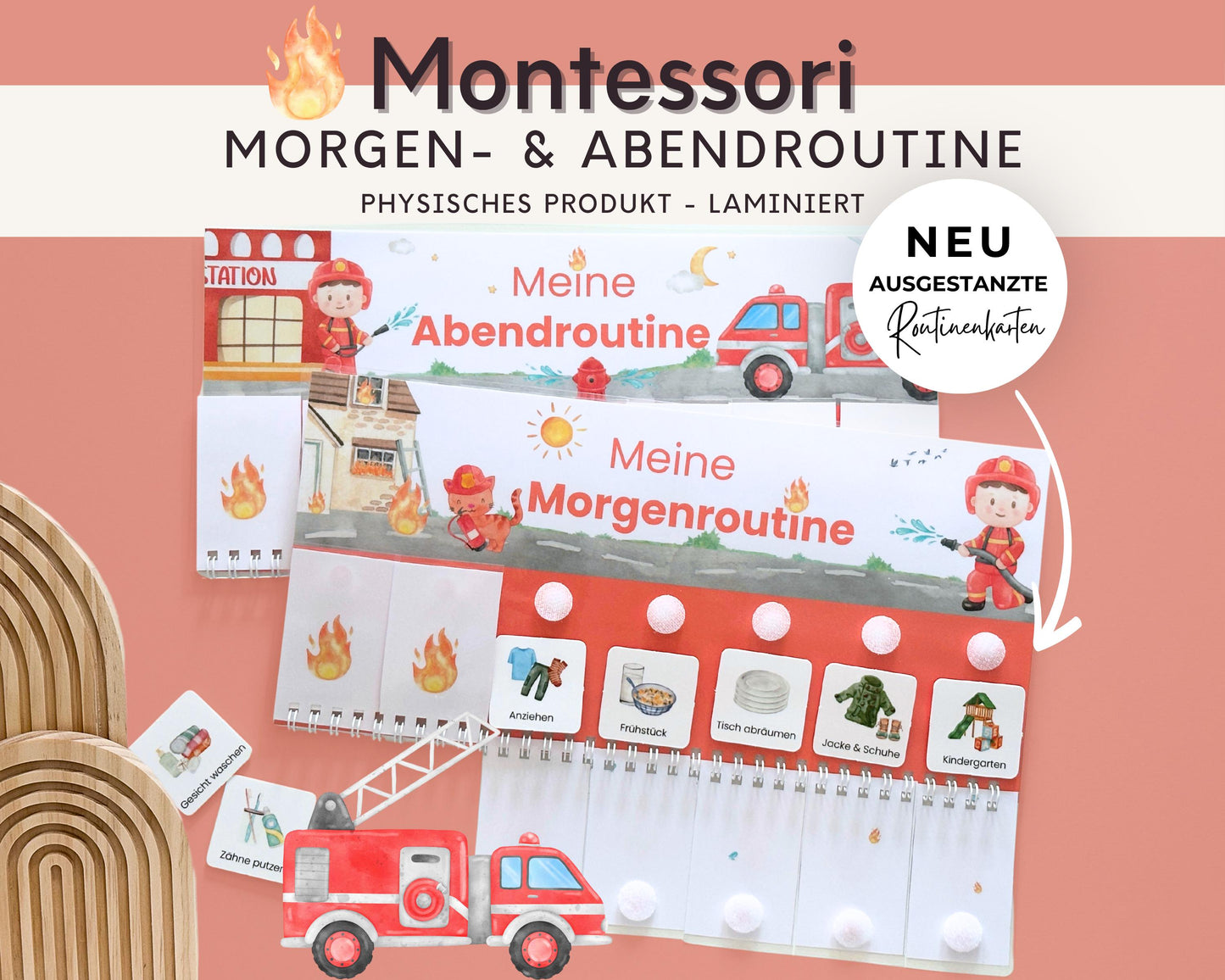 Routineplaner Montessori inkl. Symbolkarten - Design FEUERWEHR - Personalisierbar