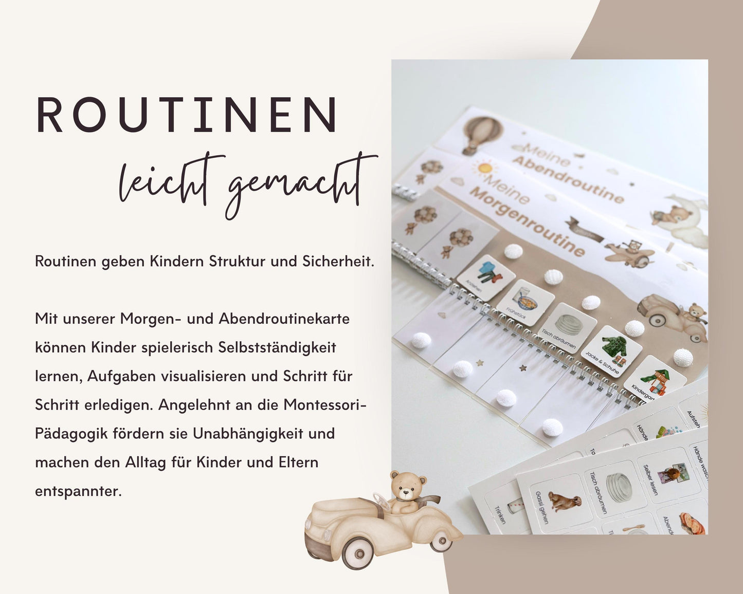Routineplaner Montessori inkl. Symbolkarten - Design TEDDYBÄR - Personalisierbar