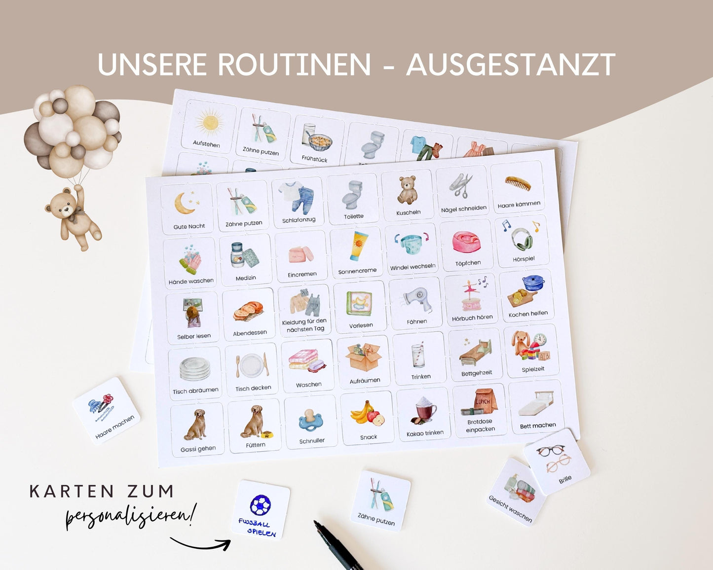 Routineplaner Montessori inkl. Symbolkarten - Design TEDDYBÄR - Personalisierbar