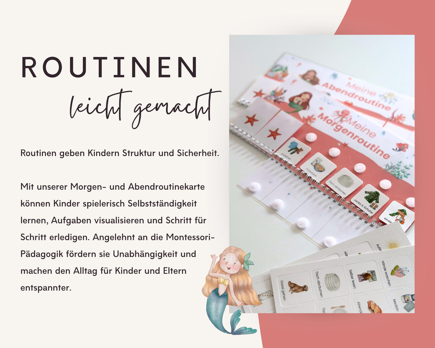 Routineplaner Montessori inkl. Symbolkarten - Design MEERJUNGFRAU ROT - Personalisierbar