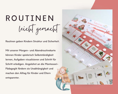 Routineplaner Montessori inkl. Symbolkarten - Design MEERJUNGFRAU ROT - Personalisierbar