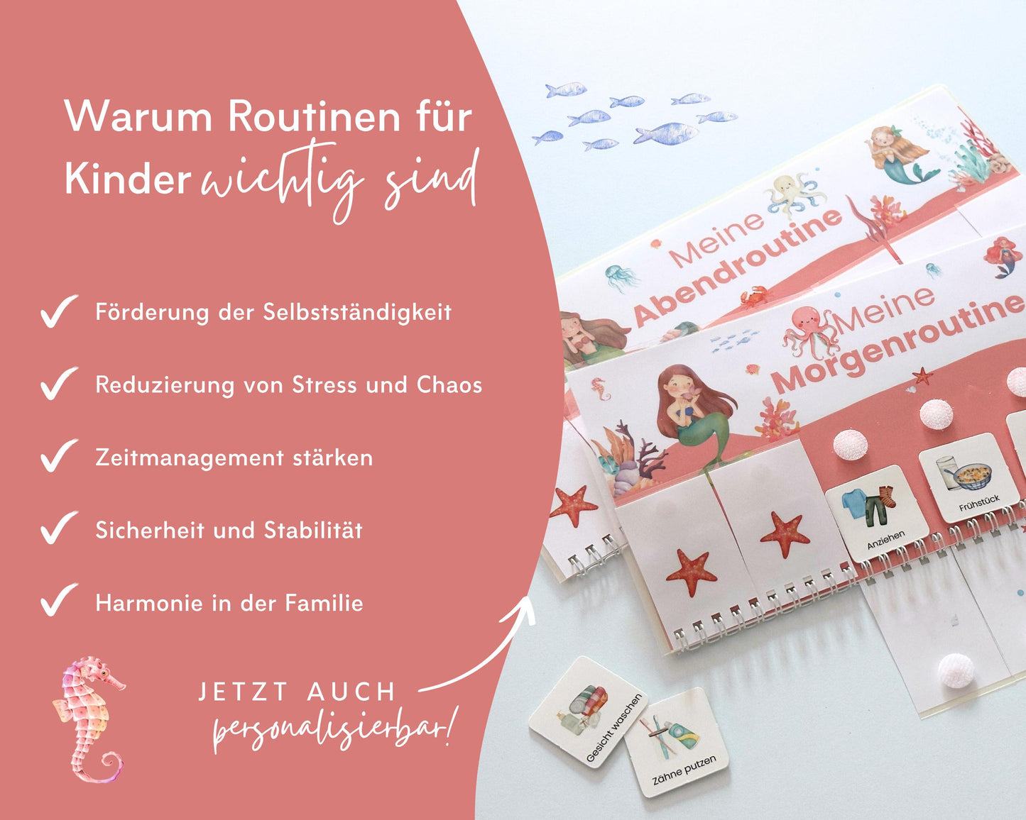 Routineplaner Montessori inkl. Symbolkarten - Design MEERJUNGFRAU ROT - Personalisierbar