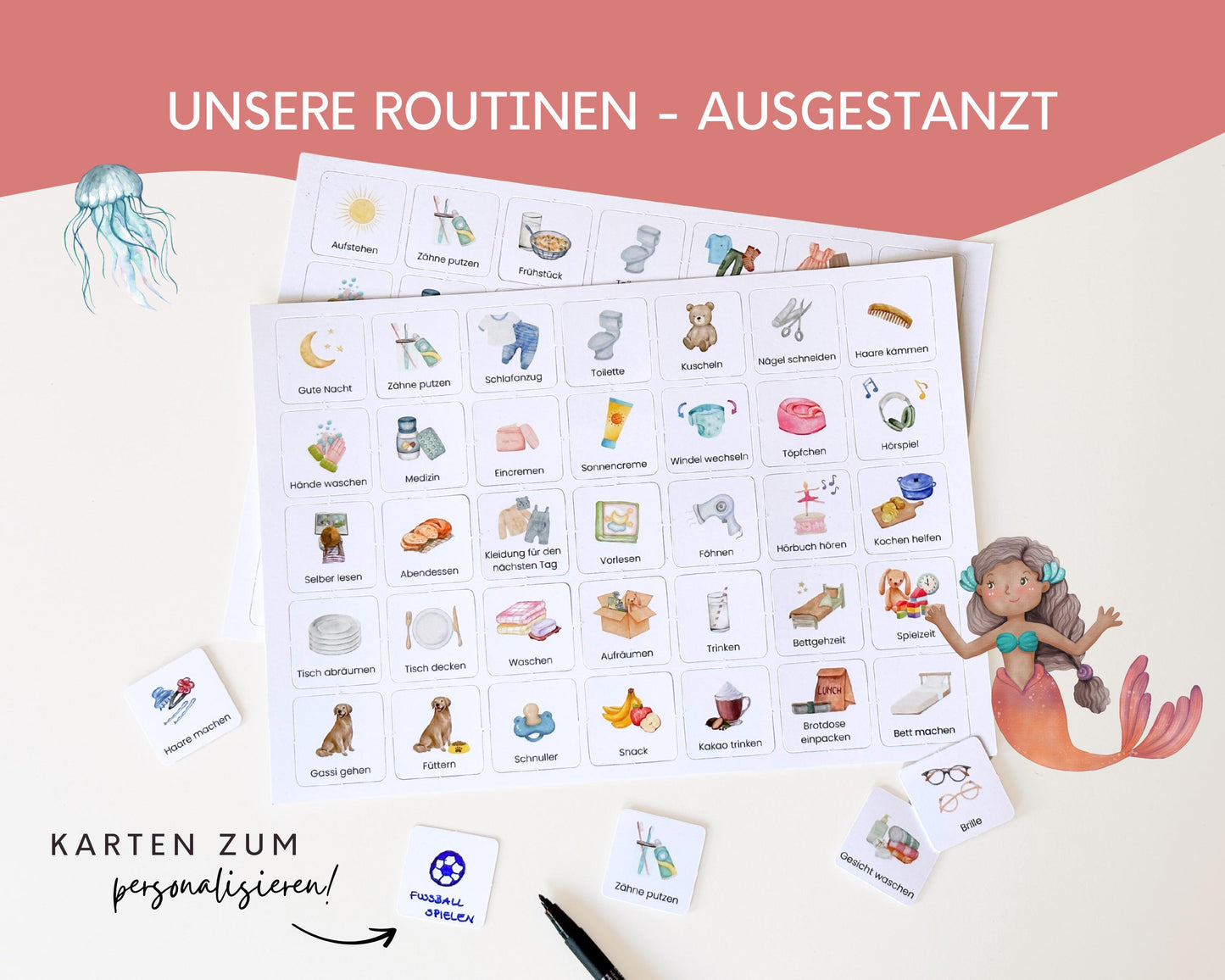 Routineplaner Montessori inkl. Symbolkarten - Design MEERJUNGFRAU ROT - Personalisierbar
