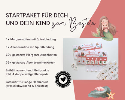 Routineplaner Montessori inkl. Symbolkarten - Design MEERJUNGFRAU ROT - Personalisierbar