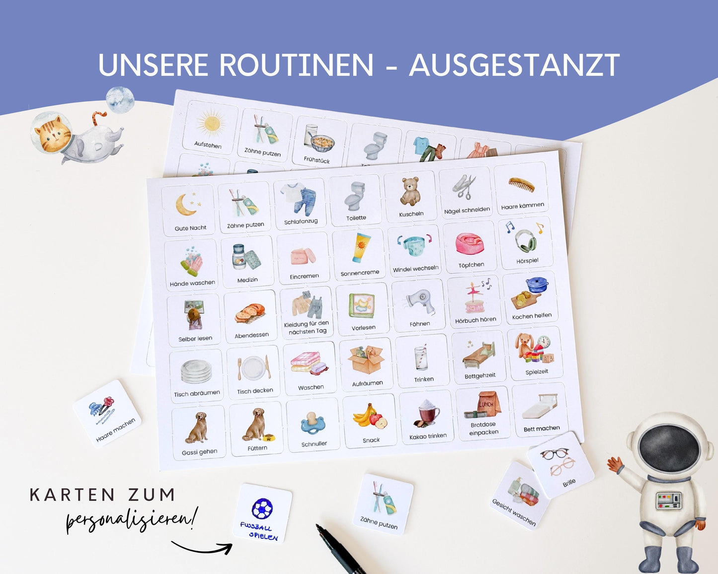 Routineplaner Montessori inkl. Symbolkarten - Design ASTRONAUT - Personalisierbar