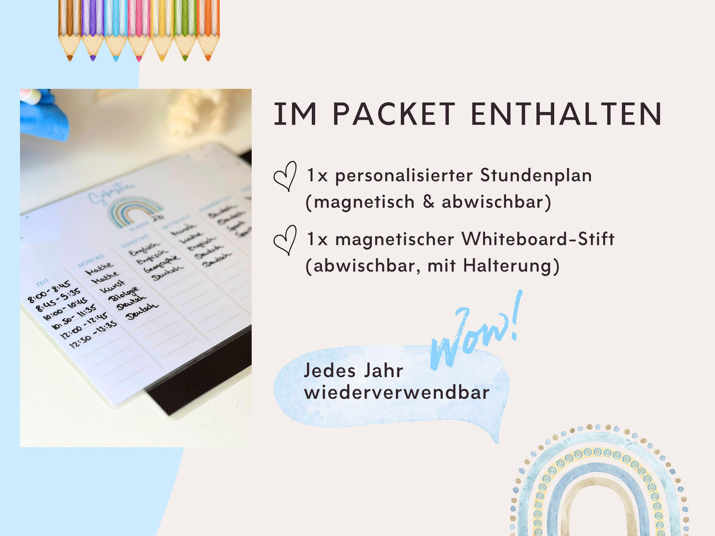 Stundenplan Magnet personalisierbar - Design REGENBOGEN BLAU