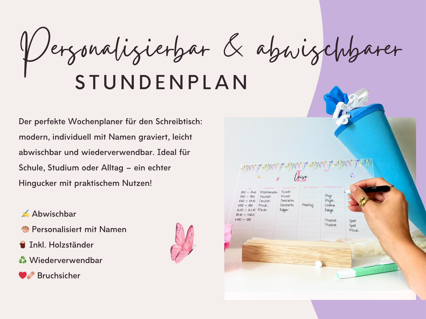 Stundenplan Acryl personalisierbar - Design BLUMEN LILA