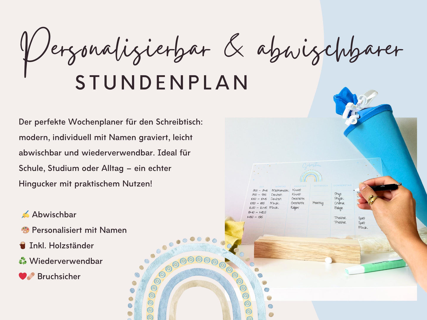 Stundenplan Acryl personalisierbar - Design REGENBOGEN BLAU