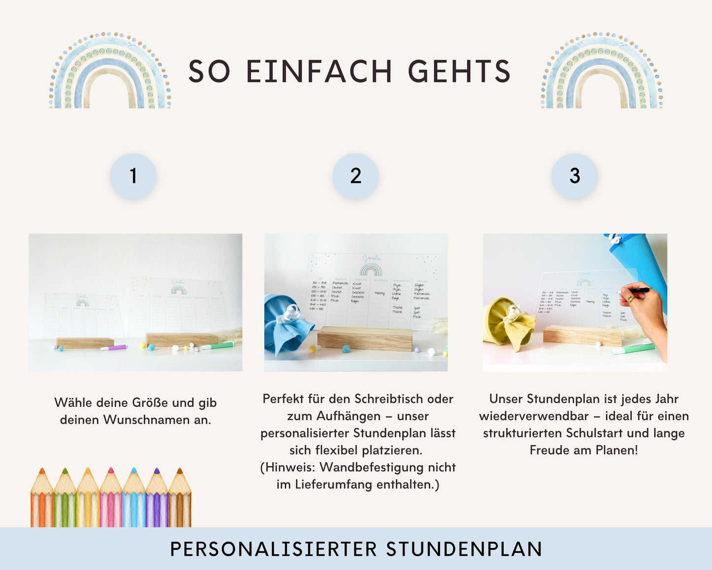 Stundenplan Acryl personalisierbar - Design REGENBOGEN BLAU