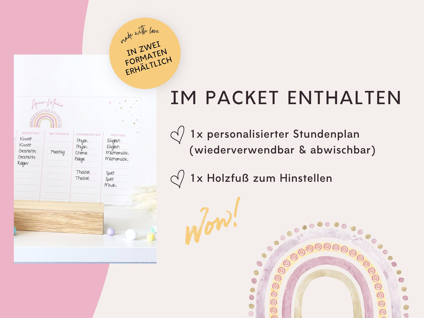 Stundenplan Acryl personalisierbar - Design REGENBOGEN ROSA