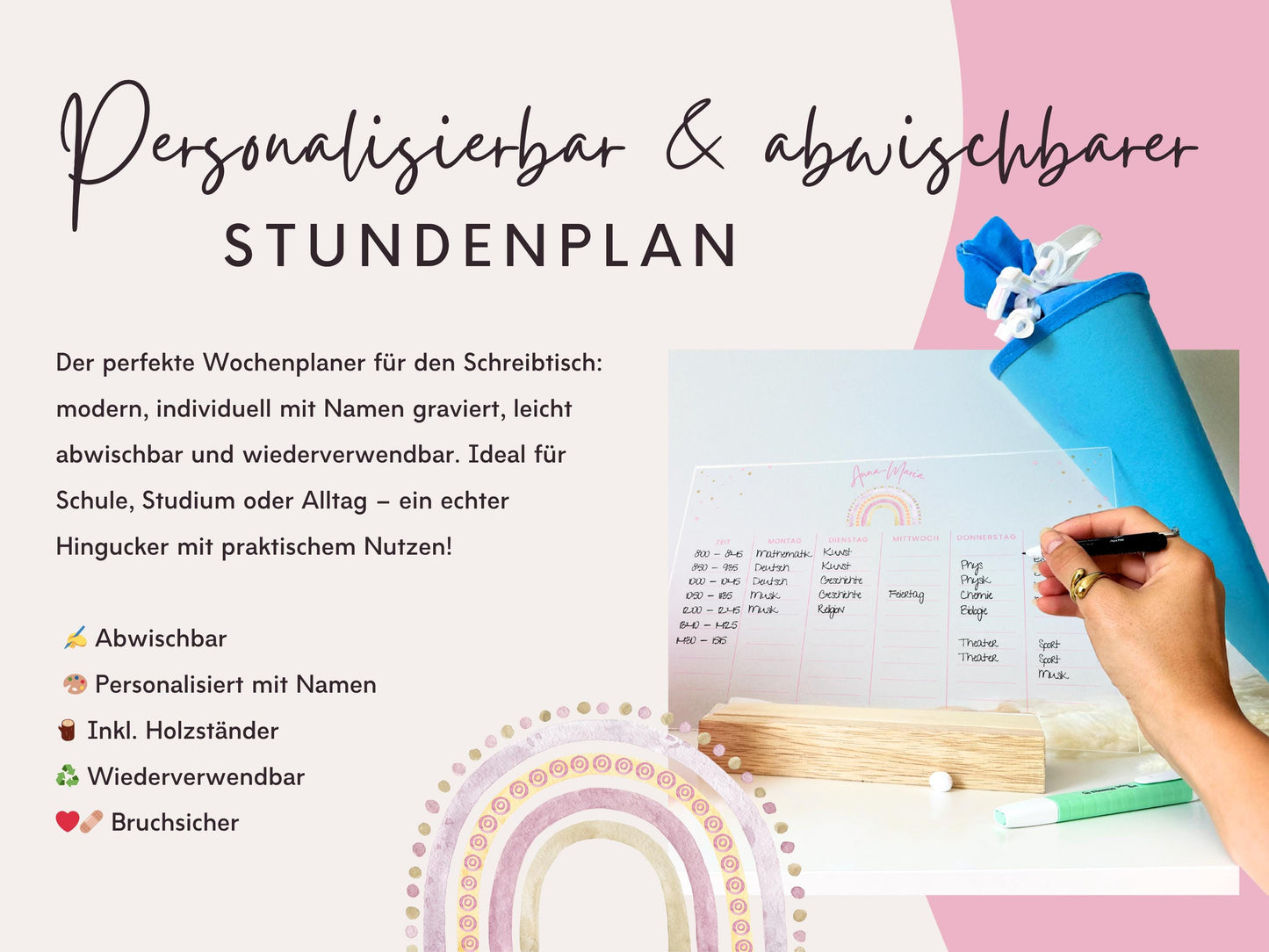 Stundenplan Acryl personalisierbar - Design REGENBOGEN ROSA