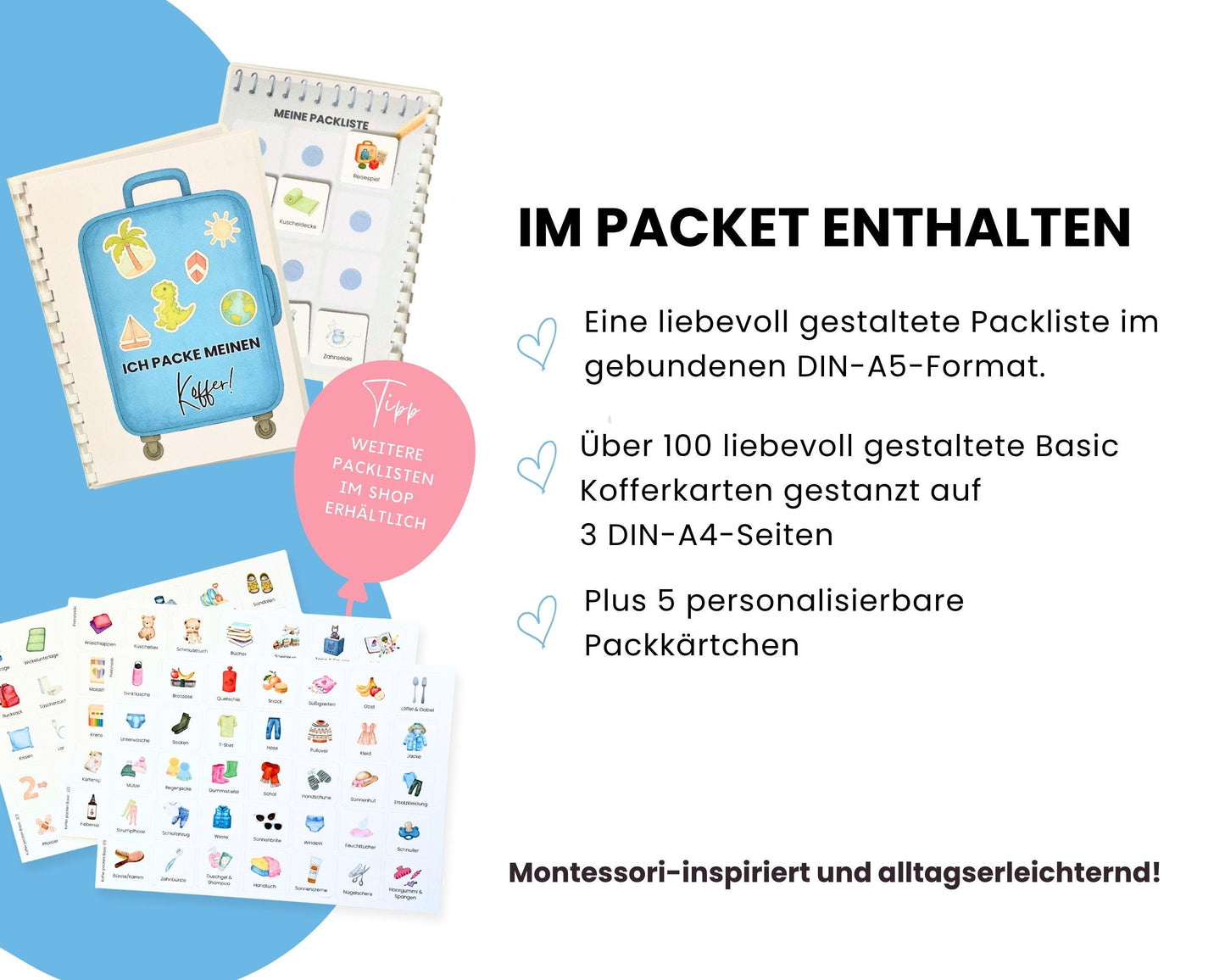 Packe mein Koffer inkl. Karten - Design BLAU - Personalisierbar