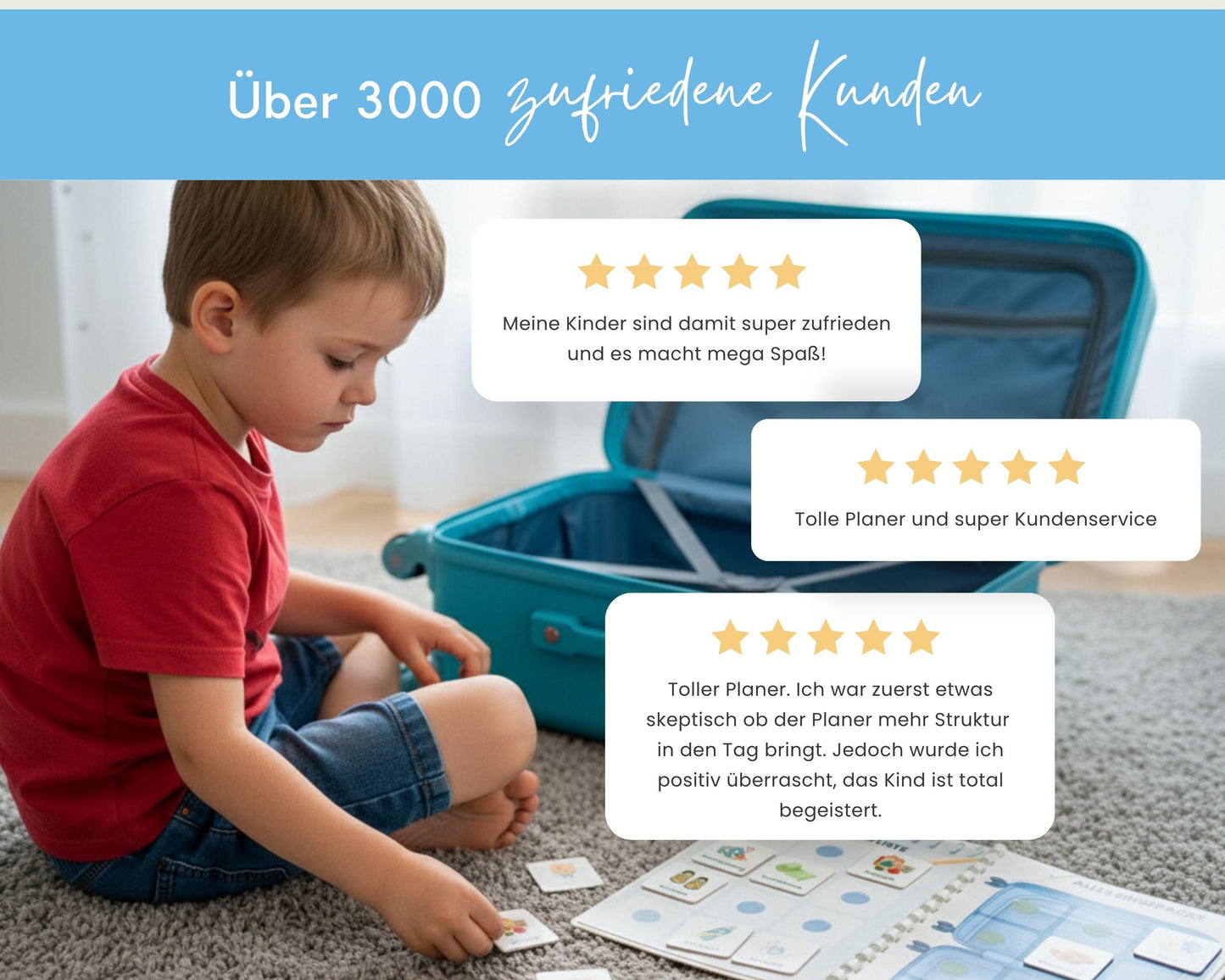 Packe mein Koffer inkl. Karten - Design BLAU - Personalisierbar