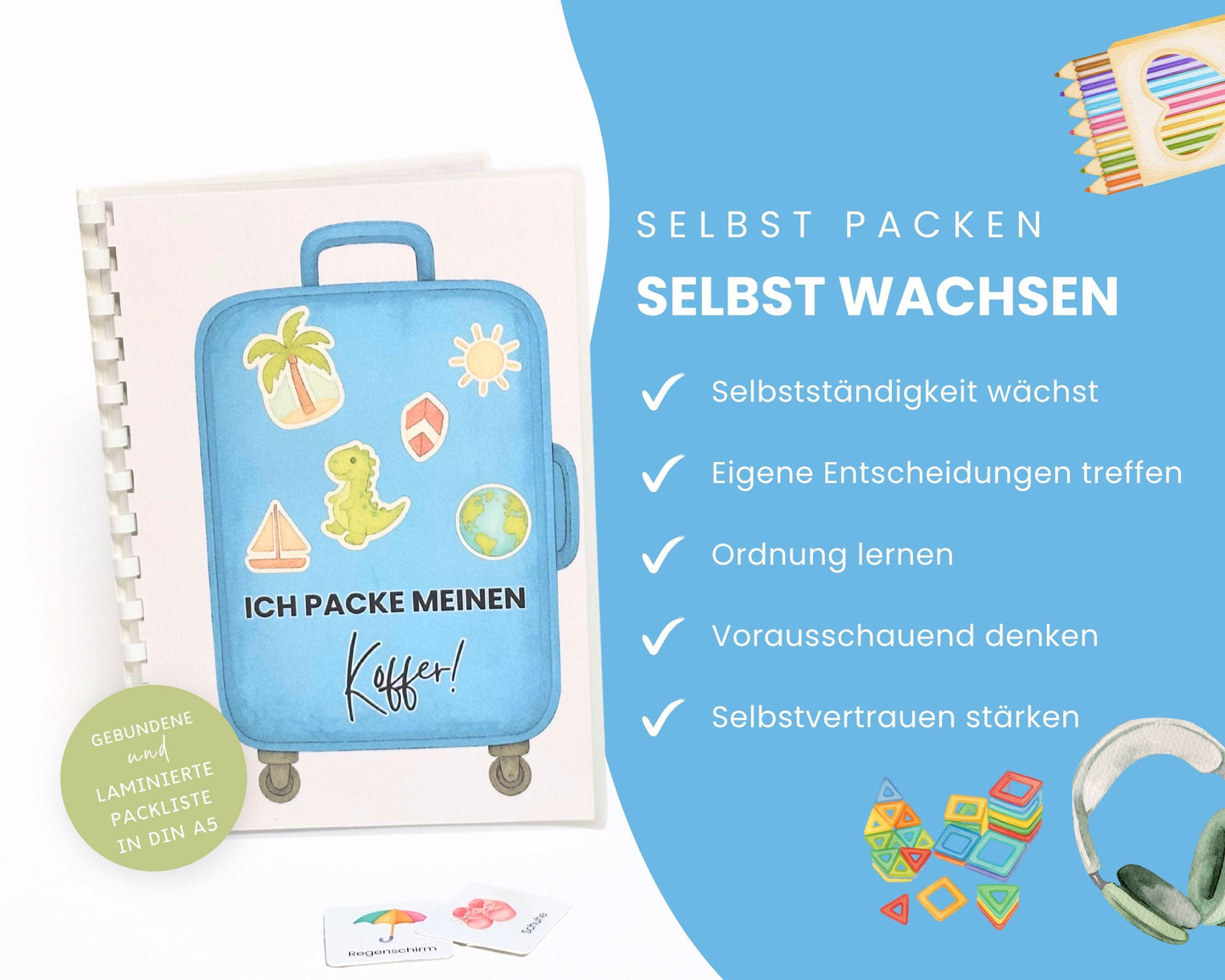 Packe mein Koffer inkl. Karten - Design BLAU - Personalisierbar