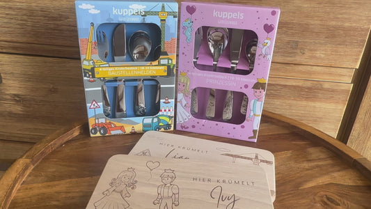 Kinderbesteck personalisiert Bagger mit Frühstücksbrett